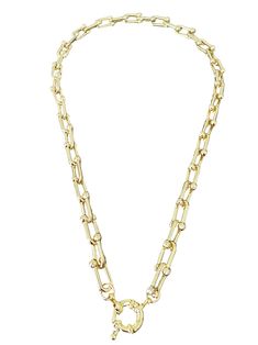 This necklace is a stunning statement piece that features gauge links and a sailor clasp. It is designed to make a bold and eye-catching impact. The necklace measures approximately 16.5 inches in length. The necklace is crafted with gauge links, which are typically larger and thicker than standard links. These robust links add a strong and substantial element to the design, creating a statement-worthy accessory. The gauge links give the necklace a distinctive and edgy look, making it a standout Luxury Polished Finish Rectangular Necklace, Metal Chain Necklace With Toggle Clasp And Oval Link, Metal Chain Necklace With Oval Link And Toggle Clasp, Chunky Chain Metal Toggle Necklace, Metal Toggle Necklace With Lobster Clasp And Oval Link, Metal Necklaces With Chunky Chain And Rectangular Links, Gold-tone Toggle Chain Link Necklace With Lobster Clasp, Gold-tone Oval Link Necklace With Toggle Clasp, Metal Necklace With Toggle Clasp And Round Pendant