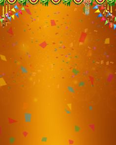 an orange background with confetti and streamers