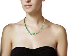 Bold and breathtaking in its geometric design and vibrant color, this Judy Geib necklace is a celebration of her brilliant creativity and the jaw dropping beauty of natural, hand-selected emeralds. The front portion of the collar length necklace is a linked collection of rectangular and square emeralds framed in 18K yellow gold while the back is a series of her three dimensional gold Mies box links. total length : 17" : 18K yellow goldemeralds : vary : 5mm x 6mm to 9mm x 12mm each : ~60.00cttw18 Judy Geib, Jewelry Facts, Daniela Villegas, Twist Jewelry, Columbian Emeralds, Maria Tash, Box Necklace, Zoe Chicco, Length Necklace