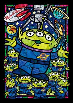 an image of a cartoon character with many other characters in the stained glass window behind it