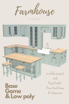 an advertisement for a kitchen with blue cabinets and wooden counter tops, including stools