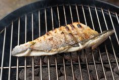 fish is cooking on the grill with coals