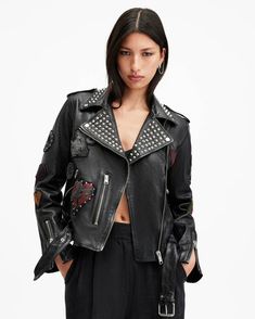 College Relaxed Fit Leather Biker Jacket Black | ALLSAINTS US