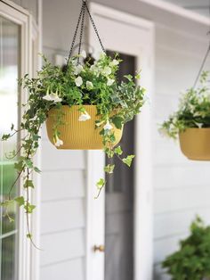 two hanging planters filled with plants on a porch