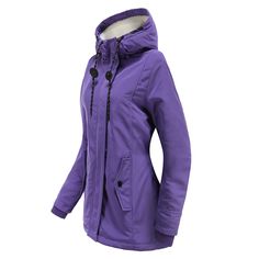 Purple Plush Warm Hooded Parka Coat Windproof Solid Color Parka For Fall, Purple Winter Outerwear, Hooded Solid Color Parka With Fleece Lining, Hooded Parka With Fleece Lining, Solid Color Hooded Parka With Fleece Lining, Hooded Purple Outerwear For Fall, Purple Hooded Outerwear For Fall, Casual Purple Outerwear With Drawstring Hood, Purple Casual Hooded Winter Jacket