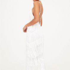 White Fringe Jumpsuit- New With Tags White Backless Jumpsuit For Summer, White Maxi Jumpsuits And Rompers For Spring, Summer White Backless Jumpsuits And Rompers, Spring Party Beachwear Jumpsuit, White Summer Jumpsuits And Rompers For Party, White Summer Party Jumpsuits And Rompers, Summer Party Jumpsuits Maxi Length, Summer White Jumpsuits And Rompers For Night Out, White Jumpsuits And Rompers For Summer Night Out