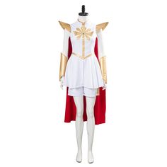 a white and red costume with gold accents