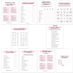 the printable birthday party game is shown in pink and white