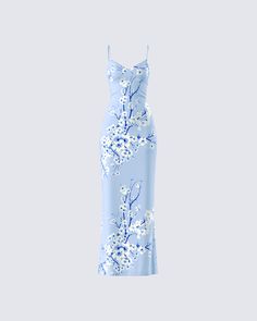 Watch yourself blossom in this blue floral print maxi dress 💙 Crafted from stretch jersey, this gorgeous piece features adjustable straps and a bodycon fit, creating an elegant and eye catching look ✨ Fitted Elastane Maxi Dress For Summer, Floral Print Bodycon Dress With Spaghetti Straps, Light Blue Floral Print Dress With Spaghetti Straps, Light Blue Floral Dress With Spaghetti Straps, Summer Maxi Length Bodycon Dress, Bodycon Maxi Dress For Summer, Summer Maxi-length Elastane Bodycon Dress, Summer Evening Floral Print Bodycon Dress, Evening Maxi Dress With Spaghetti Straps In Elastane