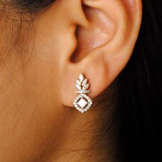 Princess Cut Diamond Statement Earrings Bridal Diamond Stud - Etsy India Simple Diamond Earrings, Diamond Earrings Wedding, Halo Diamond Earrings, Diamond Earrings Design, Gold Bridal Earrings, Halo Earrings, Diamond Jewelry Designs, Gold Jewelry Simple, Jewelry Design Earrings