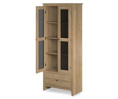 a tall wooden cabinet with two doors and shelves