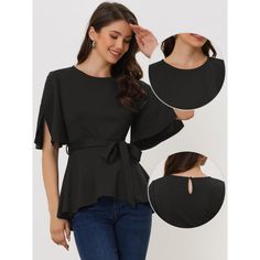 This blouse features a belt-tie design that is both timeless and fashionable, making it perfect for any casual occasion. This split-sleeve design creates easy layering, making it perfect for being paired with your favorite pants or skirts. This crew-neck peplum blouse delivers a classic and edgy look that never goes out of style. This fashion and versatile design is suitable for business and going out. Wear this women's ruffle blouse to complete a fresh look in daily life, whether you're looking Belt Knots, Women Ruffle Blouse, Split Sleeve, Belt Tie, Tie Design, Women's Blouses, Peplum Blouse, Chic Outfit, Edgy Look