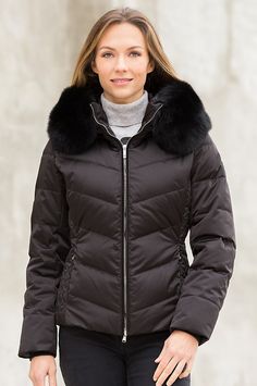 The M. Miller Lexa Down Jacket is in a league all its own for outdoor winter fashion. Made in the USA. Luxury Outerwear With Faux Fur Trim And Down Material, Quilted Down Parka For Fall, Outdoor Down Outerwear With Faux Fur Trim, Quilted Nylon Parka For Cold Weather, Cold Weather Down Outerwear With Detachable Hood, Outdoor Down Puffer Jacket With Faux Fur Trim, Luxury Down Quilted Jacket For Winter, Luxury Down Outerwear With Detachable Hood, Luxury Winter Quilted Down Jacket