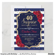 the bridal shower is decorated with red roses and gold foil on navy blue stripes