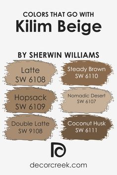 Colors that Go With Kilim Beige SW 6106 by Sherwin Williams Latte Paint Color, Sherwin Williams Latte, Best Bedroom Paint Colors, Family Room Colors, Kilim Beige, Diy Kitchen Renovation, Paint Color Palettes