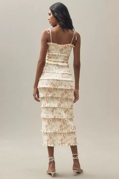 V. Chapman Lily Printed Ruched & Ruffled Stretch Midi Dress | Anthropologie