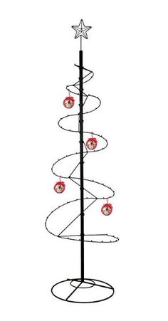 a metal christmas tree with red balls on it's top and star decorations around the base