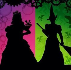 the silhouettes of two people dressed as wizard and witch with their arms around each other