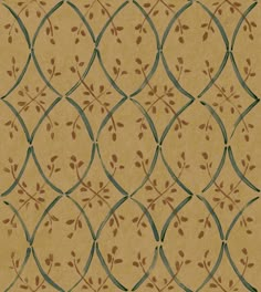 an old fashioned wallpaper pattern with vines and leaves on beige paper, as well as blue trimmings