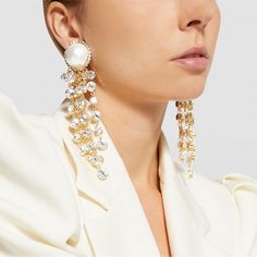 Unique Alessandra Rich Clip On Earrings. Gold Tone With Pearl And Crystals. New Without Tags. Luxury Crystal Earrings For Evening, Luxury Crystal Dangle Earrings, White Crystal Chandelier Earrings For Formal Occasions, Formal White Crystal Chandelier Earrings, Luxury White Crystal Earrings, Exquisite Chandelier Earrings For Evening, Glamorous White Clip-on Earrings For Evening, Luxury Chandelier Earrings For Party, Luxury White Drop Clip-on Earrings