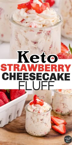 keto strawberry cheesecake fluff in a jar with strawberries on the side