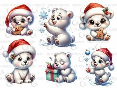 four polar bears wearing christmas hats and holding gingerbreads in their paws, with snowflakes on them