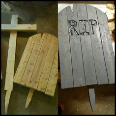 two pictures one is made out of wood and the other has a sign that says rip on it