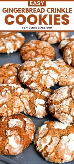 gingerbread crinkle cookies on a baking sheet with the title in the middle