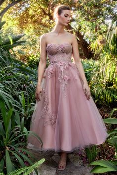 Tea Length Formal Dresses, Andrea And Leo, Tea Length Prom Dress, Tiered Tulle Skirt, Tea Gown, Strapless Dresses Short, A Line Cocktail Dress, Layered Tulle Skirt, Feminine Women