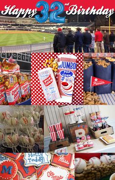 baseball themed birthday party with red and white decorations, cookies, and candy at a stadium