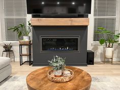 a living room with a fireplace, television and couches