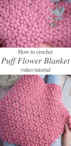 the crochet puff flower blanket is being worked on