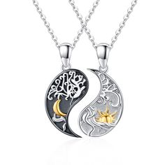 PRICES MAY VARY. 💕"Yin Yang Necklaces" - Half of the necklace is engraved with the warmth of the sun, and the other half is engraved with the moon, both engraved with tree of life, symbolizing the inseparable connection and relationship between each other with whole life. 💕"Matching Couples Necklaces" - Made of 925 sterling silver, hypoallergenic, anti-tarnish, lead-free, and cadmium-free. The sun, moon, and tree of life are handcrafted and embellished with plating for a delicate and romantic Customized Sterling Silver Jewelry For Friendship, Sterling Silver Engraved Necklace For Friendship, Engraved Sterling Silver Necklace For Friendship, Engraved Sterling Silver Friendship Necklace, Engraved Sterling Silver Charm Necklaces For Friendship, Sterling Silver White Necklace For Best Friend Gift, White Sterling Silver Necklace For Best Friend Gift, Customized Silver Charm Necklace For Best Friend, Silver Round Charm Necklace For Friendship