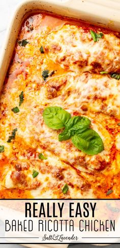 a baking dish with chicken in cheesy sauce and text overlay that reads really easy baked ricotta chicken Ricotta Chicken, Easy Recipes For Dinner, Ricotta Stuffed Chicken, Easy Chicken Dinner, Baked Ricotta, Ricotta Recipes, Chicken Main Dishes, Recipes For Dinner, Chicken Dishes Recipes