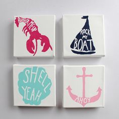 four coasters with different designs on them, one has an anchor and the other says rock my boat