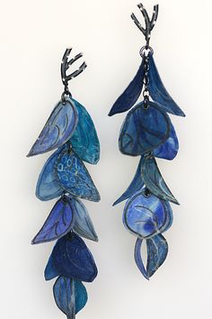 Upturned Petal Blossom Earrings in Cobalt and Azure by Carol Windsor (Silver & Paper Earrings) | Artful Home Contemporary Blue Earrings For Gift, Blue Contemporary Earrings As Gift, Unique Blue Long Drop Jewelry, Artistic Blue Sterling Silver Earrings, Unique Blue Long Drop Earrings, Artistic Blue Earrings With Ear Wire, Feather Earrings Diy, Watercolor Jewelry, Silver Paper