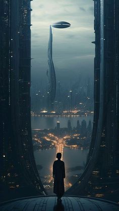 a man standing in front of a window looking out at a futuristic cityscape