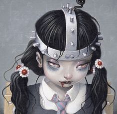 a painting of a girl with long black hair wearing a headpiece and dress shirt