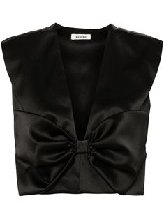 Elegant V-neck Top With Bow, Chic Party Tops With Detachable Bow, Chic Party Top With Detachable Bow, Formal Sleeveless Top With Bow, Fitted Tops With Satin Bow, Chic Evening Top With Detachable Bow, Elegant Evening Top With Bow, Chic Fitted Tops With Satin Bow, Chic Fitted Top With Satin Bow