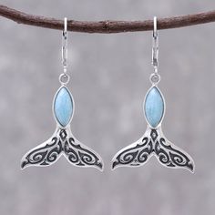 Featuring cabochons of natural larimar these dangle earrings are designed by Michael Krainer of Thailand. He crafts each earring of sterling silver in the shape of a whale's tail accentuated by intricate oxidized patterns. Jewelry Workshop, Cz Pendant, Inspiration Art, Fun Earrings, Jewelry Packaging, Jewelry Gift Box, Free Jewelry, Beautiful Earrings, Turquoise Necklace