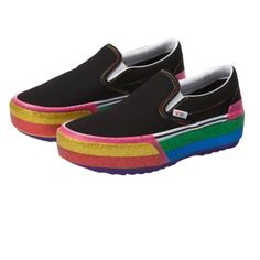 Brand New With Tags, Please Let Me Know If You Have Any Questions! Colorful Platform Vans, White Rainbow Vans, Vans Glitter Shoes, Black Rainbow Vans, Black Vans Shoes, Vans Platform, Velvet Vans, Black High Top Vans, Green Suede Shoes