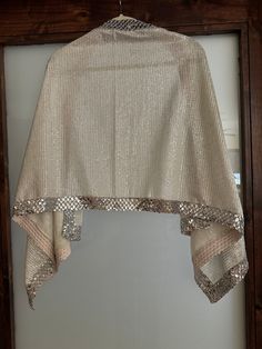 This New unique custom made silver color shawl is beautiful for your fancy occasions cover, bride cover up, unique gift for Mother's Day. Approximate size: L 54"  W21" Glamorous Dupatta With Traditional Drape, Elegant Party Cape-shaped Dupatta, Elegant Party Dupatta Cape, Elegant Party Cape Dupatta, Festive Evening Cape-style Dupatta, Festive Evening Cape-shaped Dupatta, Festive Evening Cape Dupatta, Evening Festive Cape Dupatta, Festive Evening Dupatta In Cape Style