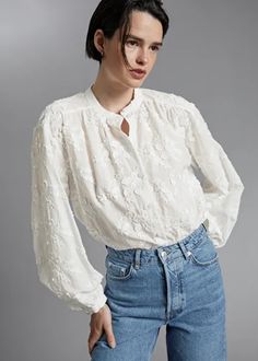 Voluminous Stand Collar Blouse - White Flower Embroidery - Blouses - & Other Stories US White Flower Embroidery, Applique Blouse, Stand Collar Blouse, White Blouses, Ivory Blouse, Chic Blouses, Simply Chic, M Beauty, Embroidery Blouse