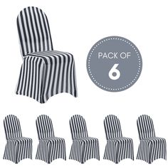 six black and white striped chair covers with the number six on them, set of 6