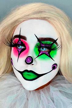 Womens Scary Clown Costume, Scary Clown Make Up For Kids, Scary Neon Clown Makeup, Friendly Clown Makeup, Crazy Clown Makeup Halloween, Sinister Clown Makeup, Colorful Clown Makeup Halloween, Glam Clown Makeup Halloween, Creepy Cute Clown Makeup