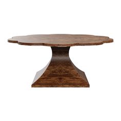 a wooden table with an oval shaped top and two leaves on the base, against a white background