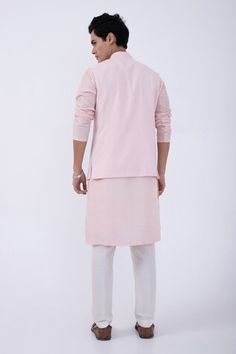 Baby pink bam silk kurta with front buttoned placket. Comes with ivory cotton silk pyjama and a suiting bundi jacket with mirror and thread embroidered garden. - Aza Fashions Pink Fitted Nehru Jacket, Pink Nehru Jacket Straight Kurta For Diwali, Traditional Pink Cotton Nehru Jacket, Pink Nehru Jacket For Diwali, Embroidered Garden, Nehru Jacket, Silk Kurta, Pink Mirror, Nehru Jackets