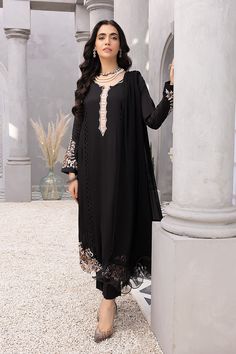 Azure Mythic Onyx Vogue Premium Elegant Black Georgette Set, Elegant Black Chiffon Set, Black Chiffon Long Sleeve Sets, Fitted Black Lawn Suit, Unstitched Black Suits For Eid, Elegant Black Lawn Suit For Wedding, Elegant Black Lawn Suit With Long Sleeves, Elegant Black Lawn Suit With Dupatta, Black Long Sleeve Lawn Suit In Georgette