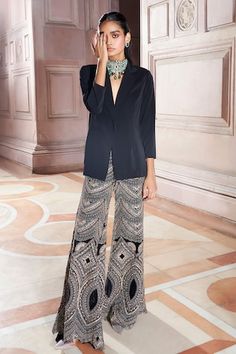 Black blazer with notched lapel collared neckline. Paired with bead, zari thread embellished palazzo. - Aza Fashions Ridhima Bhasin, Palazzo Set, Tarun Tahiliani, Tailored Blazer, Black Blazer, Set For Women, Aza Fashion, Three Quarter, Black Pants