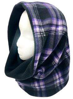 "Hooded scarf, Snood, Reversible Plush Fleece Scarf. Chunky Infinity Cowl Stay super warm this winter in a practical neck and headwear clothing accessory. This infinity scarf will stay on to provide comfort and warmth against cold winter chills. Black, Purple and White tartan pattern in warm fleece fabric is paired with solid Black Plush Fleece on the reverse side for comfort and to give you options for styling. Wear as a hooded scarf with the top folded back to give extra coverage over the ears Cheap Hooded Tops For Outdoor Activities, Free Hooded Scarf Pattern, Fleece Hooded Scarf Pattern Free, Triangle Scarf Sewing Pattern, Hooded Infinity Scarf Pattern, Free Pattern For Hood With Scarf, Fleece Cowl Scarf Diy, Hooded Cowl Scarf Sewing Pattern, Fleece Scarf Sew